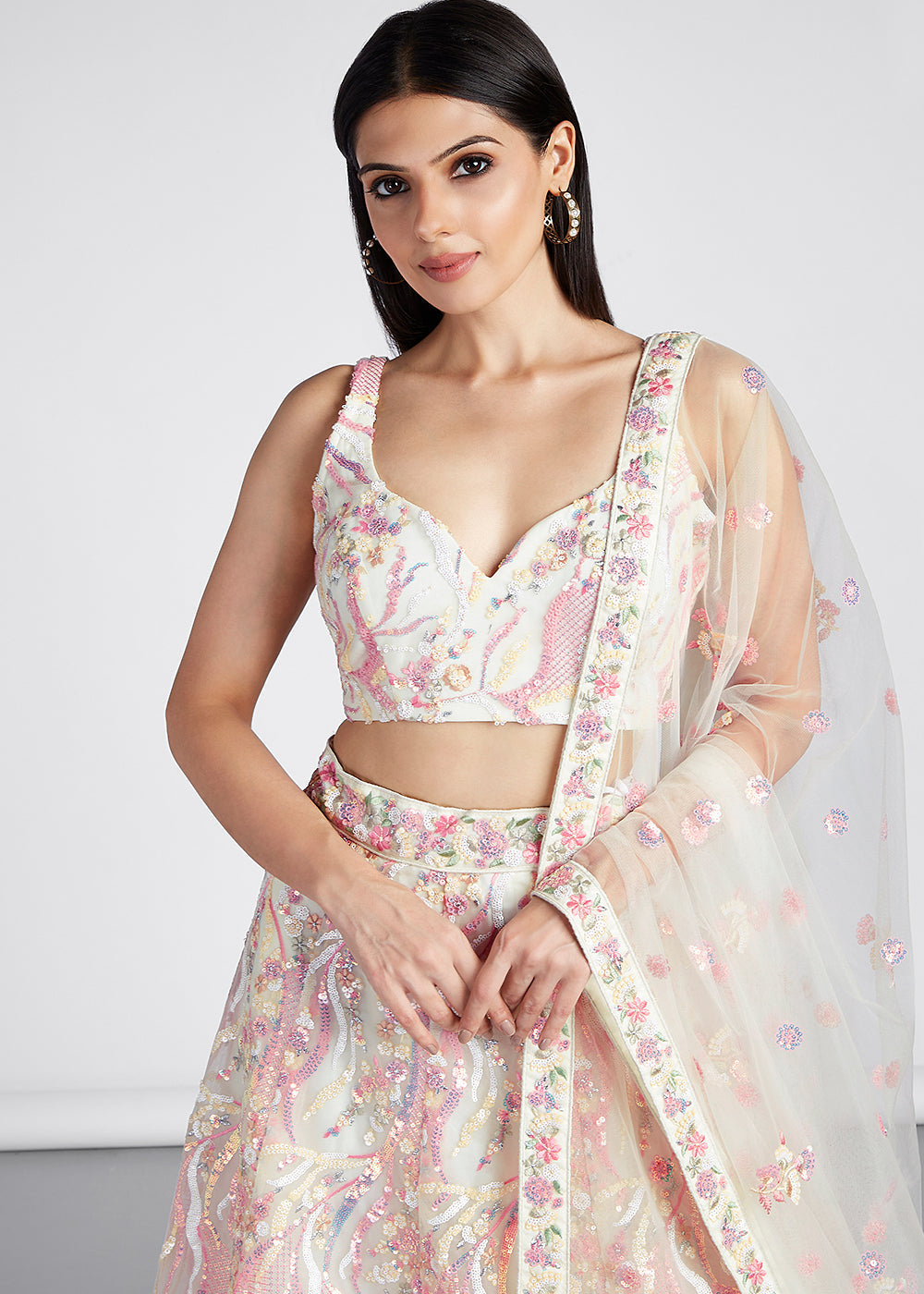 Cream White Net Lehenga Choli With Sequins & Thread Embroidery Work | Ready To Wear - qivii