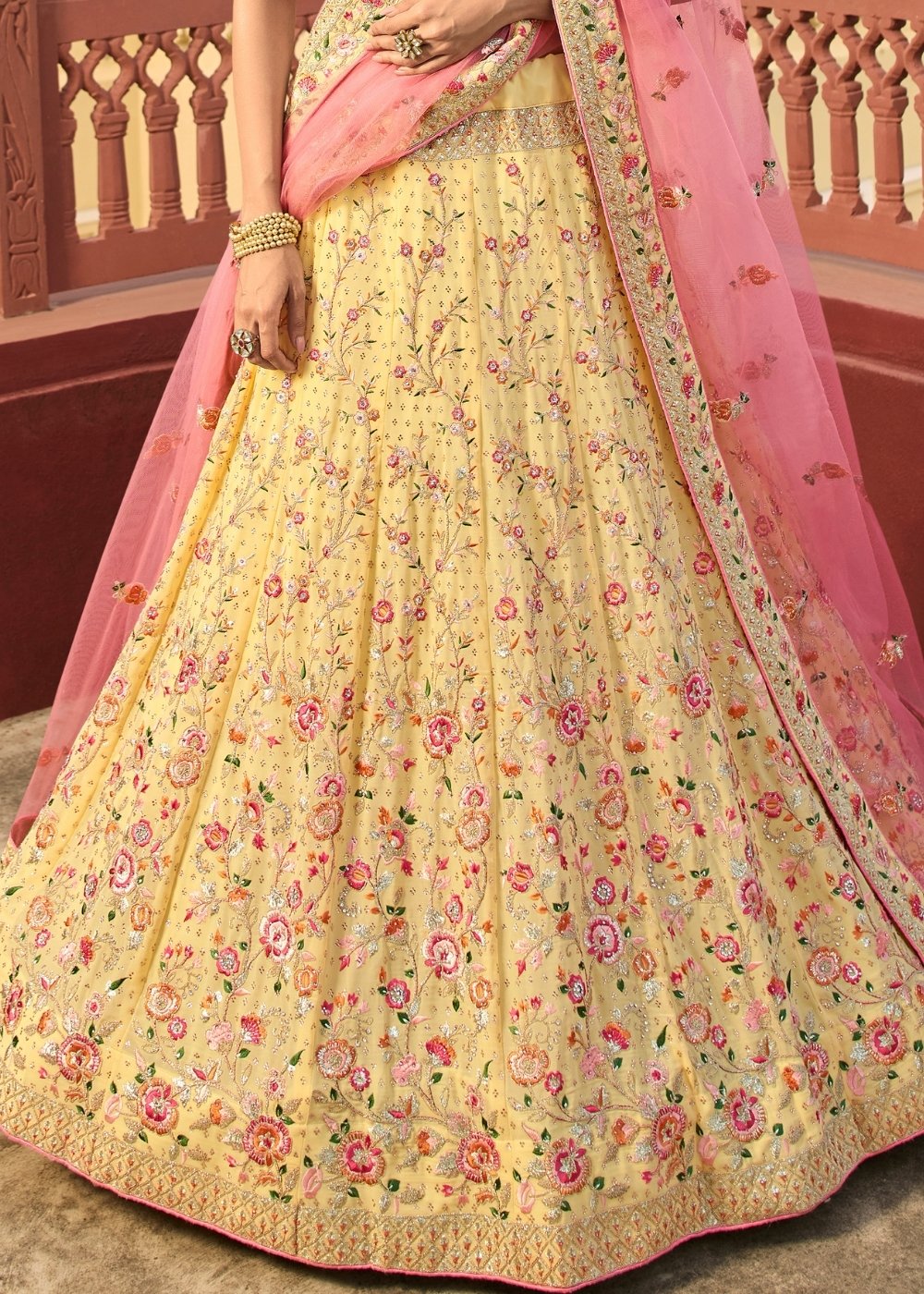 Daffodil Yellow Lehenga Choli with Zari, Dori, Swarvoski, Thread & Zarkan work | Ready To Wear - qivii