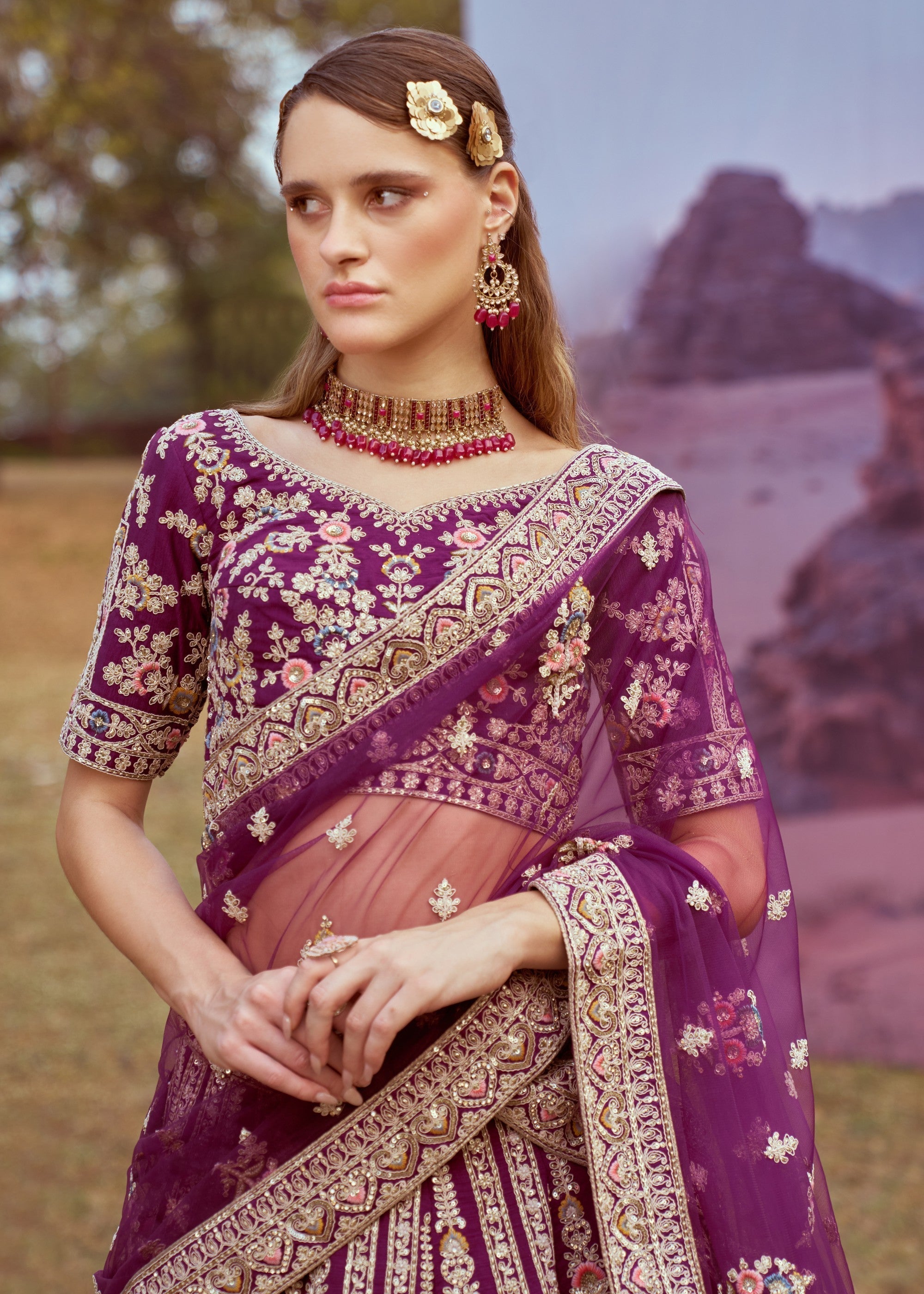 Dark Purple Pure silk Moti, Coding embroidery Bridal Lehenga | Ready To Wear - qivii