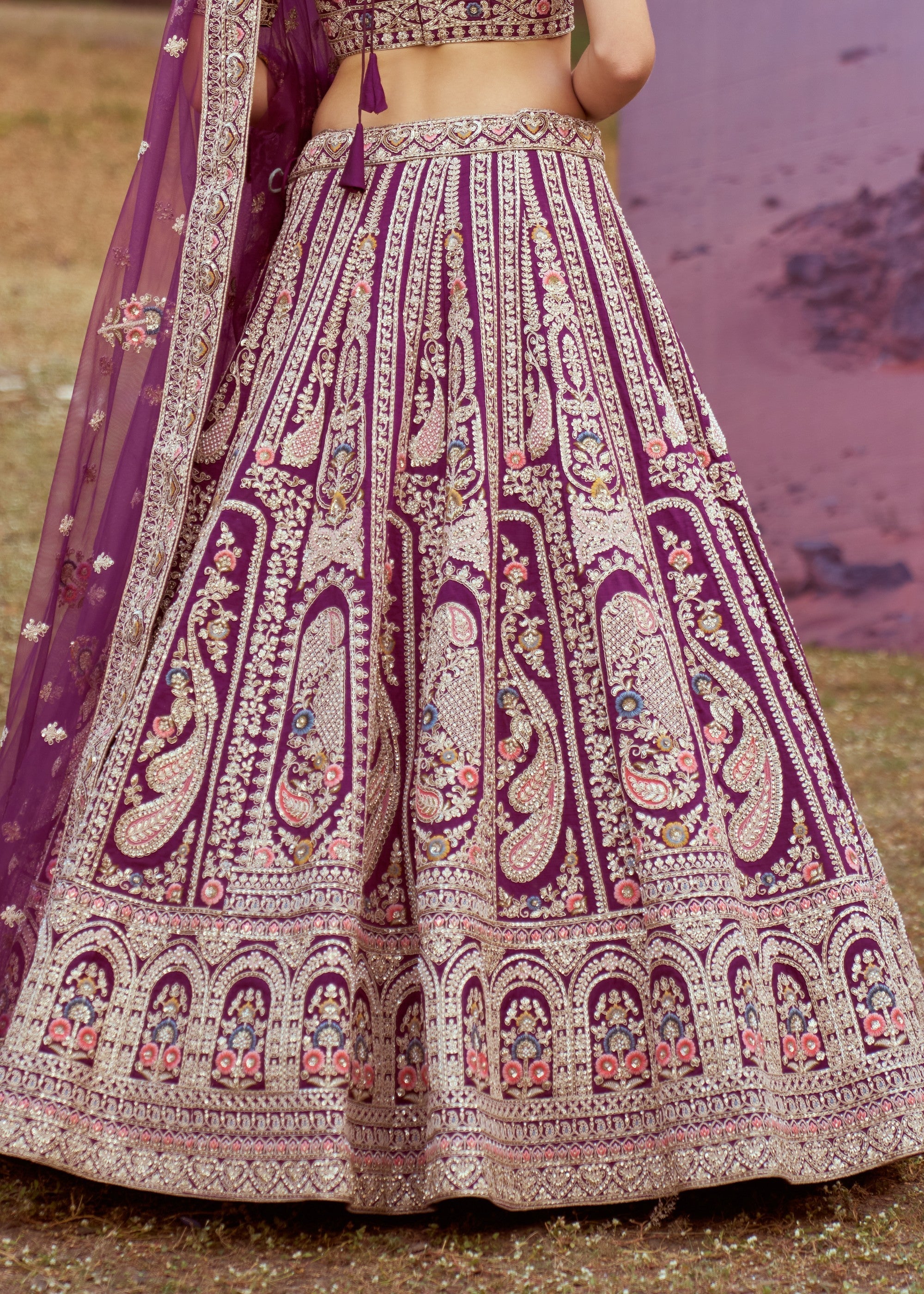 Dark Purple Pure silk Moti, Coding embroidery Bridal Lehenga | Ready To Wear - qivii
