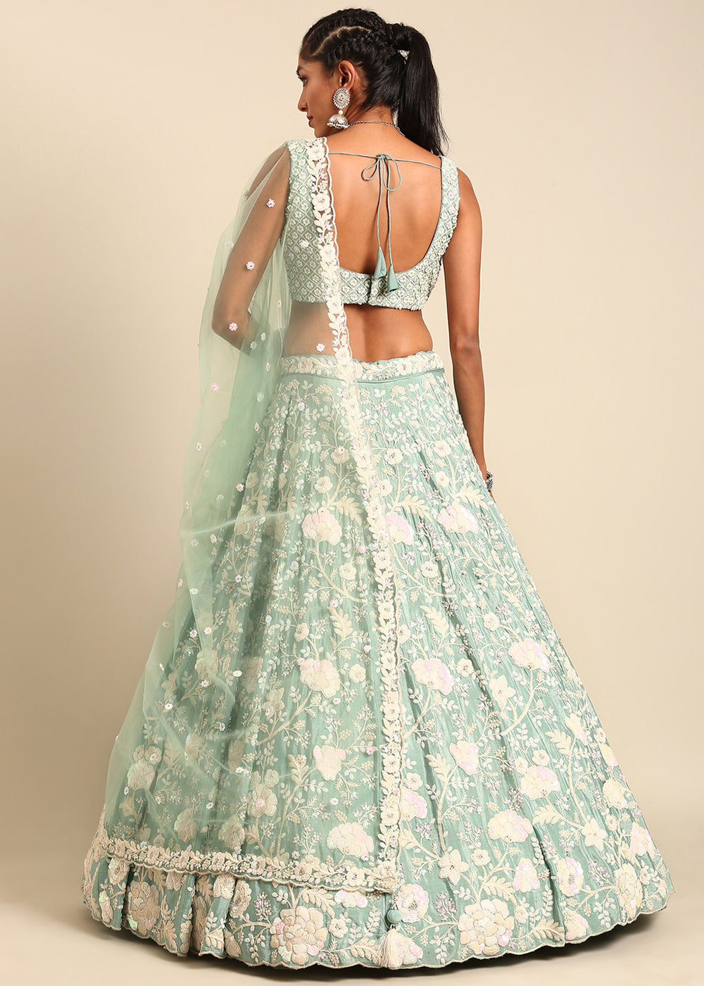 Emerald Green Georgette lehenga Choli with Sequins & Zarkan Embroidery | Ready To Wear - qivii