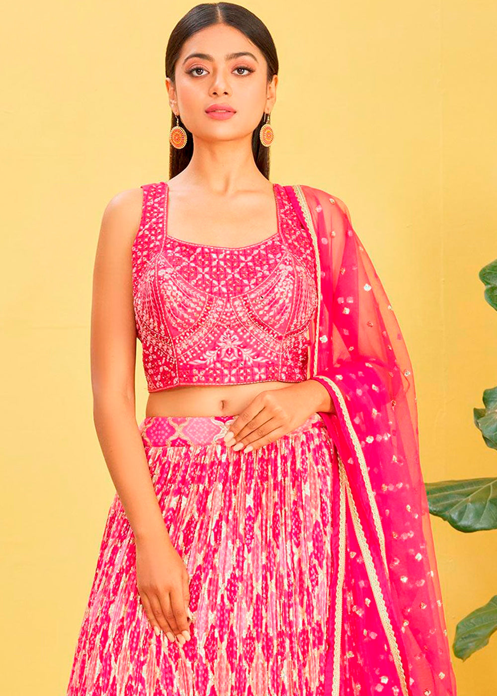 Hot Pink Digital Printed Chinnon Lehenga with Thread,Zari & Sequins Work | Ready To Wear - qivii