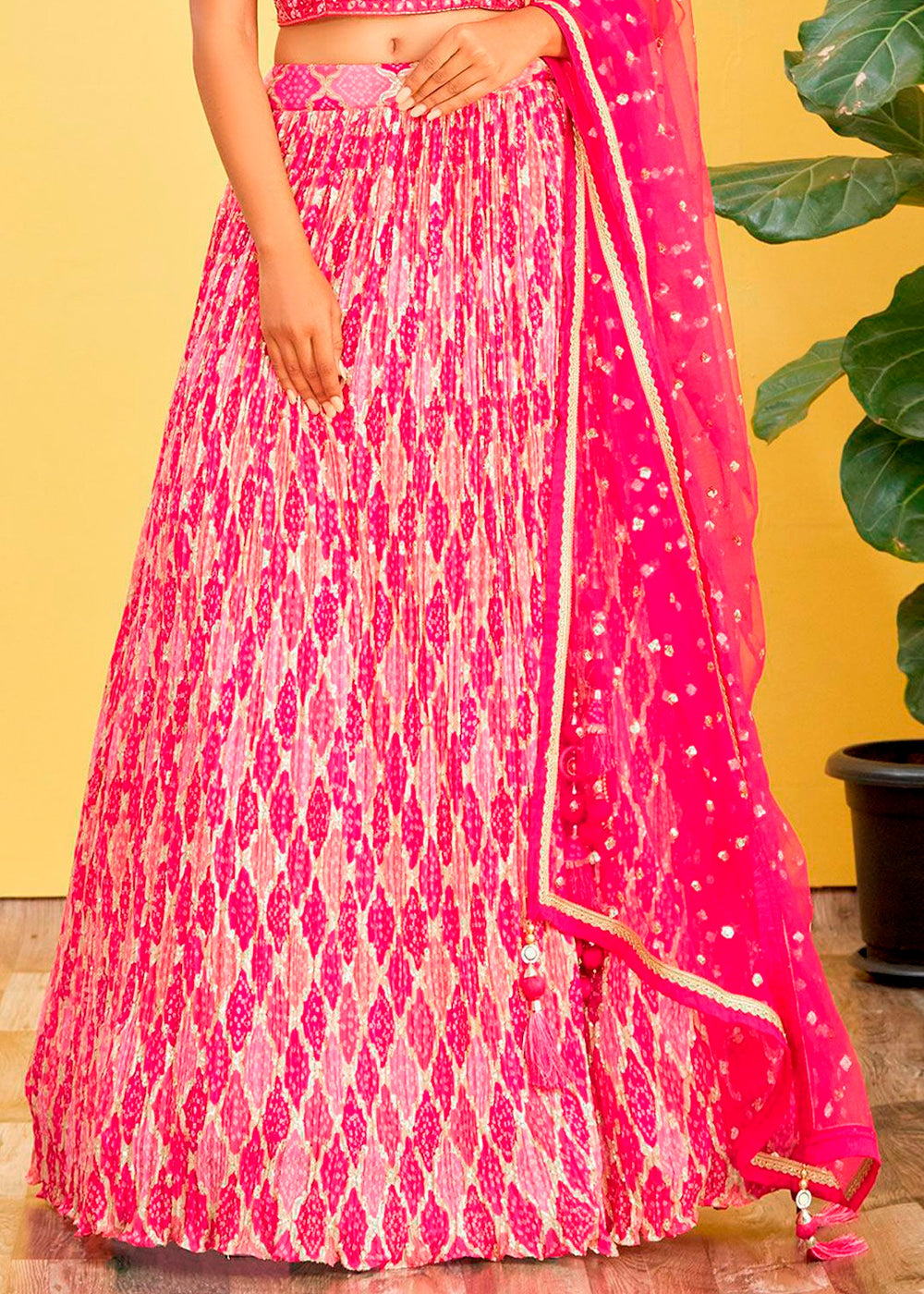 Hot Pink Digital Printed Chinnon Lehenga with Thread,Zari & Sequins Work | Ready To Wear - qivii