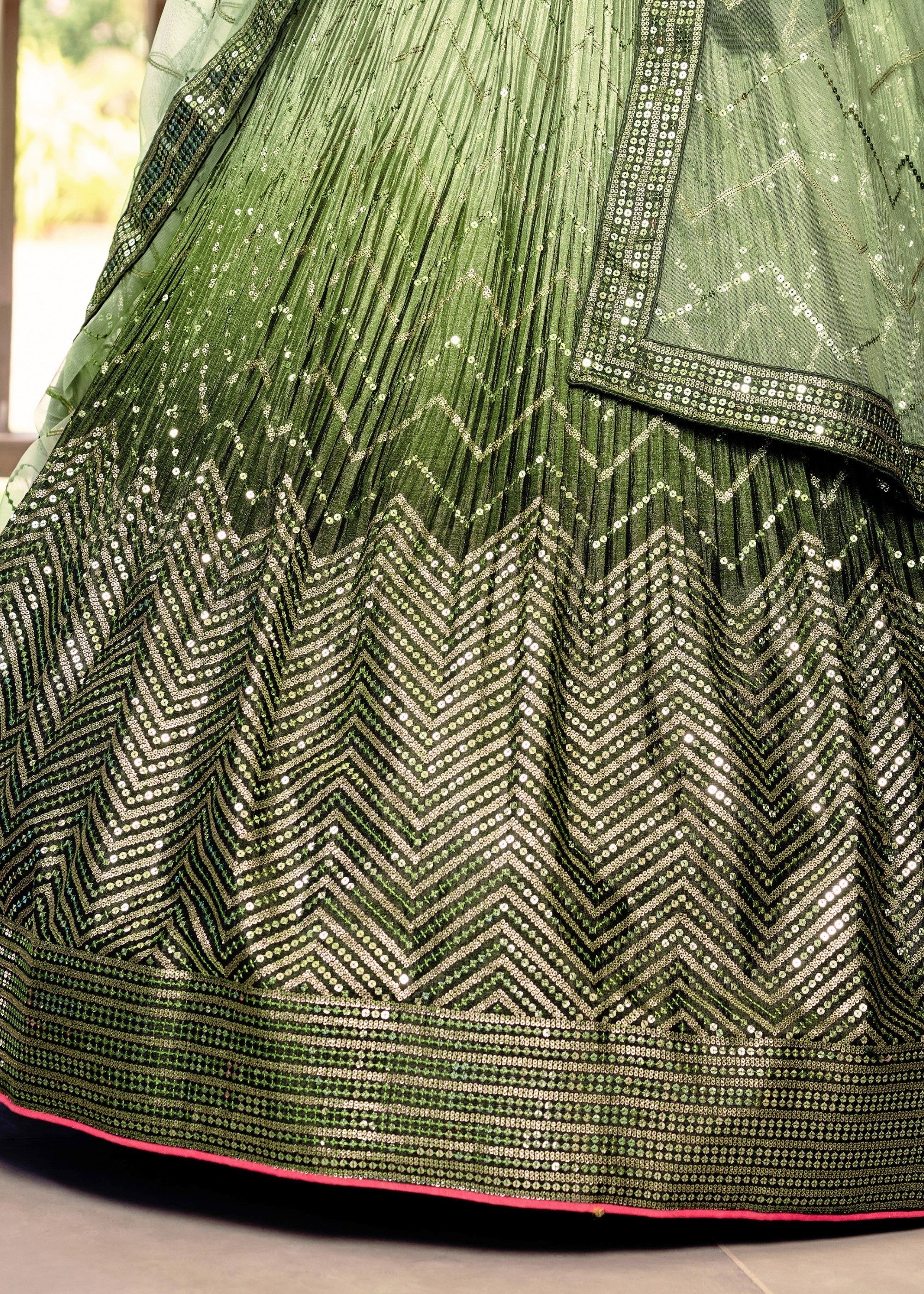 Mehendi Green Chinon Silk Lehenga With Sequence and Thread Embroidery Work | Ready To Wear - qivii