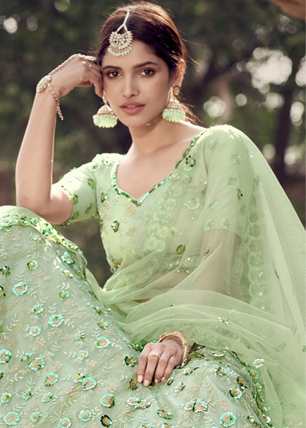 Mint Green Designer Soft Net Lehenga Choli with Sequins & Thread work | Ready To Wear - qivii