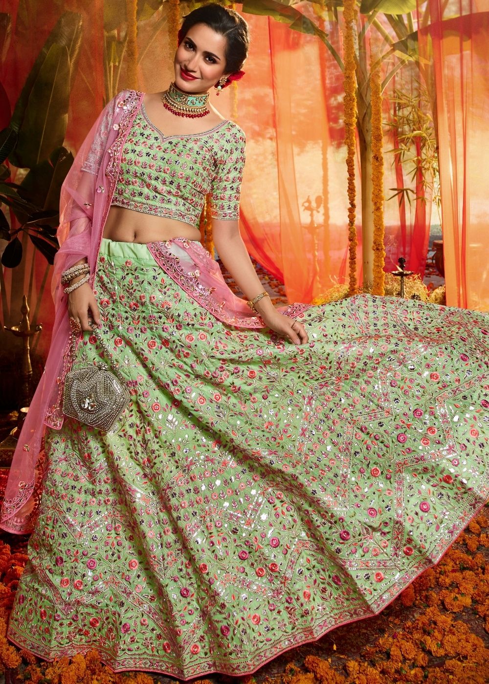 Mint Green Organza Designer Lehenga Choli with Foil, Mirror, Thread and Zari work (Pre-Order) | Ready To Wear - qivii