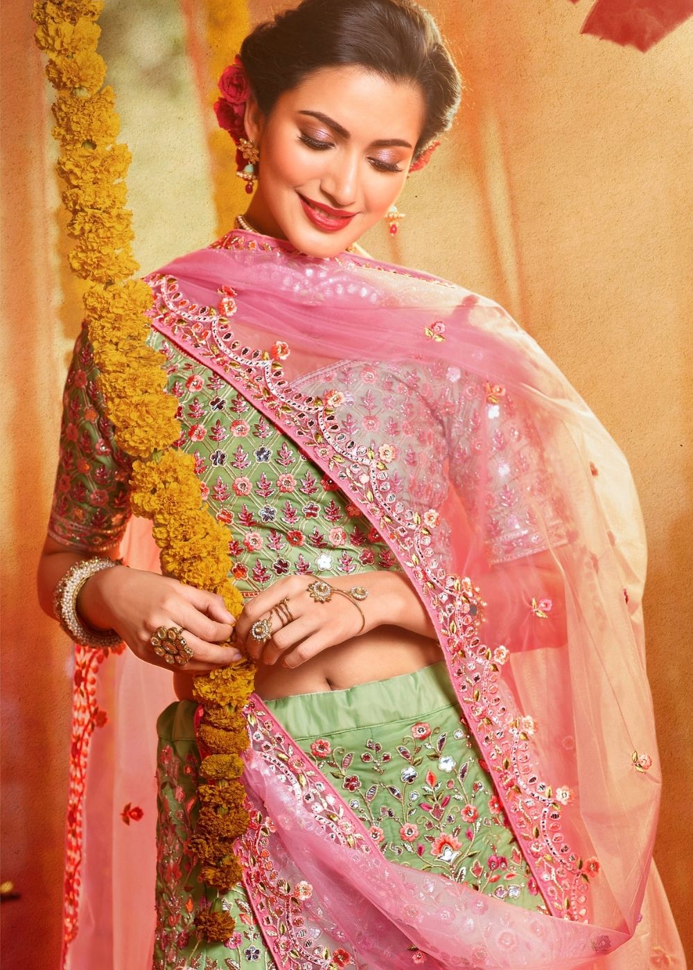 Mint Green Organza Designer Lehenga Choli with Foil, Mirror, Thread and Zari work (Pre-Order) | Ready To Wear - qivii