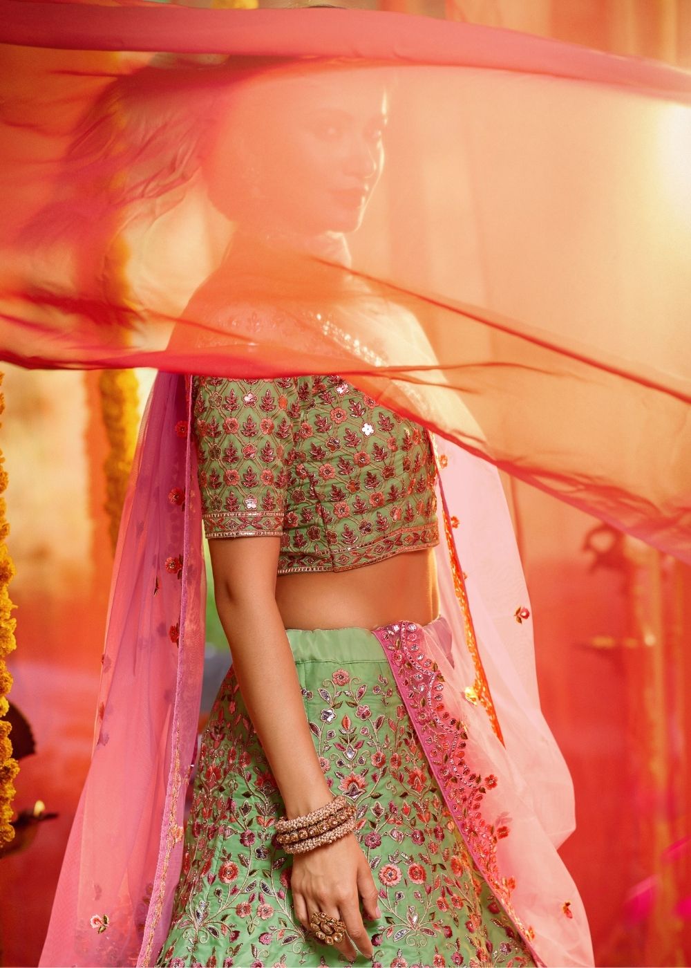 Mint Green Organza Designer Lehenga Choli with Foil, Mirror, Thread and Zari work (Pre-Order) | Ready To Wear - qivii