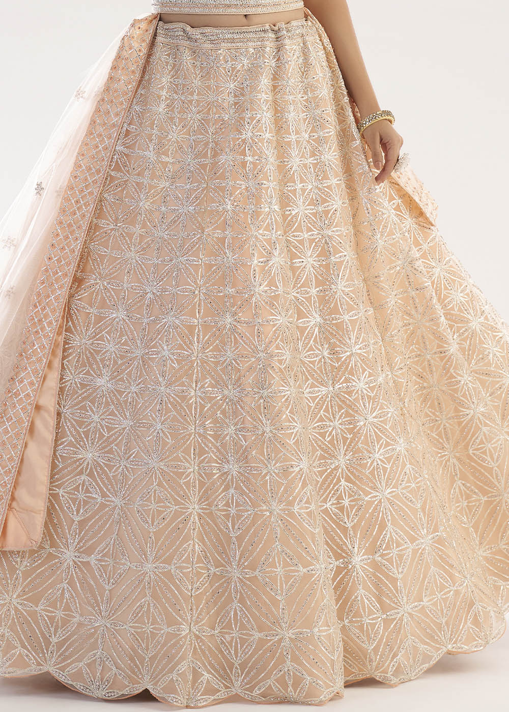 Pastel Salmon Pink Net Lehenga Choli with Gota and Zarkan work | Ready To Wear - qivii