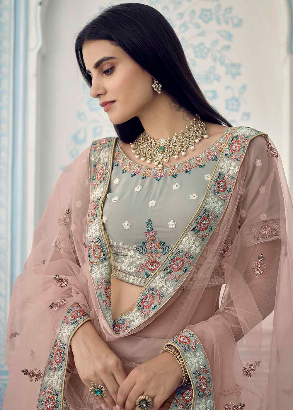 Pewter Grey Georgette Lehenga Choli with Zari,Thread & Zarkan work | Ready To Wear - qivii
