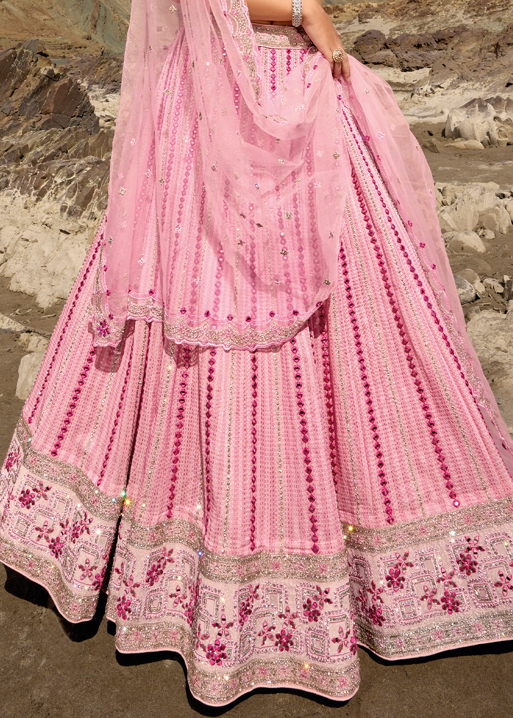Rose Pink Georgette lehenga Choli with Mirror,Zarkan & Cutwork | Ready To Wear - qivii