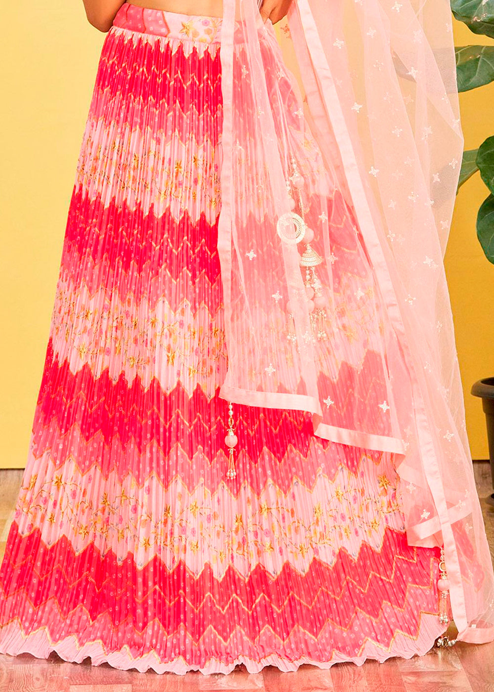 Shades Of Pink Digital Printed Chinnon Lehenga with Thread,Zari & Sequins Work | Ready To Wear - qivii