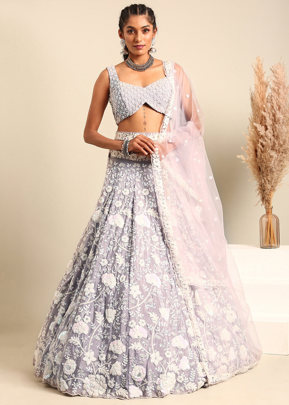 Silver Mauve Purple Georgette lehenga Choli with Sequins & Zarkan Embroidery | Ready To Wear - qivii