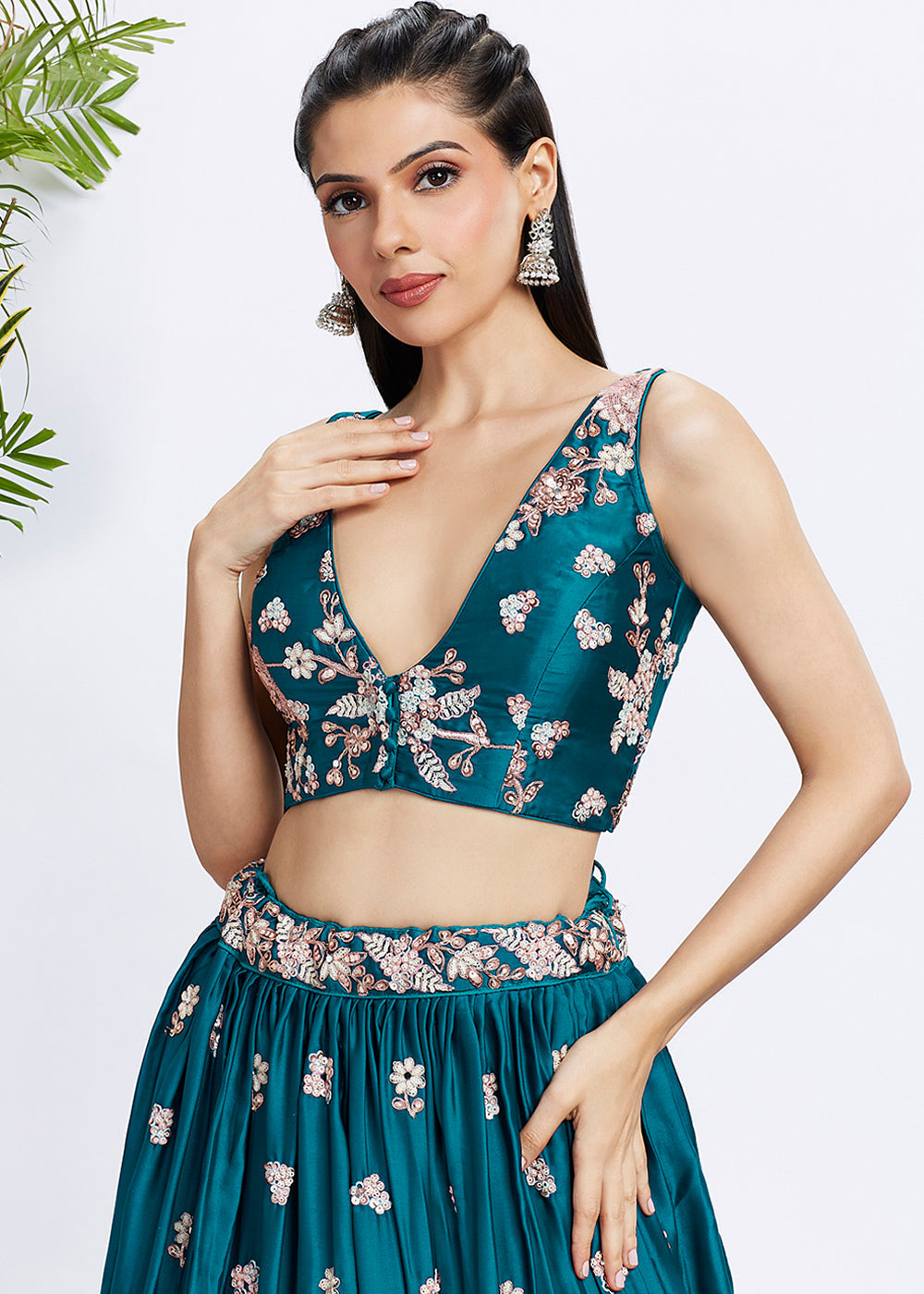 Teal Blue Georgette Lehenga Choli with Sequins & Thread Embroidery work | Ready To Wear - qivii