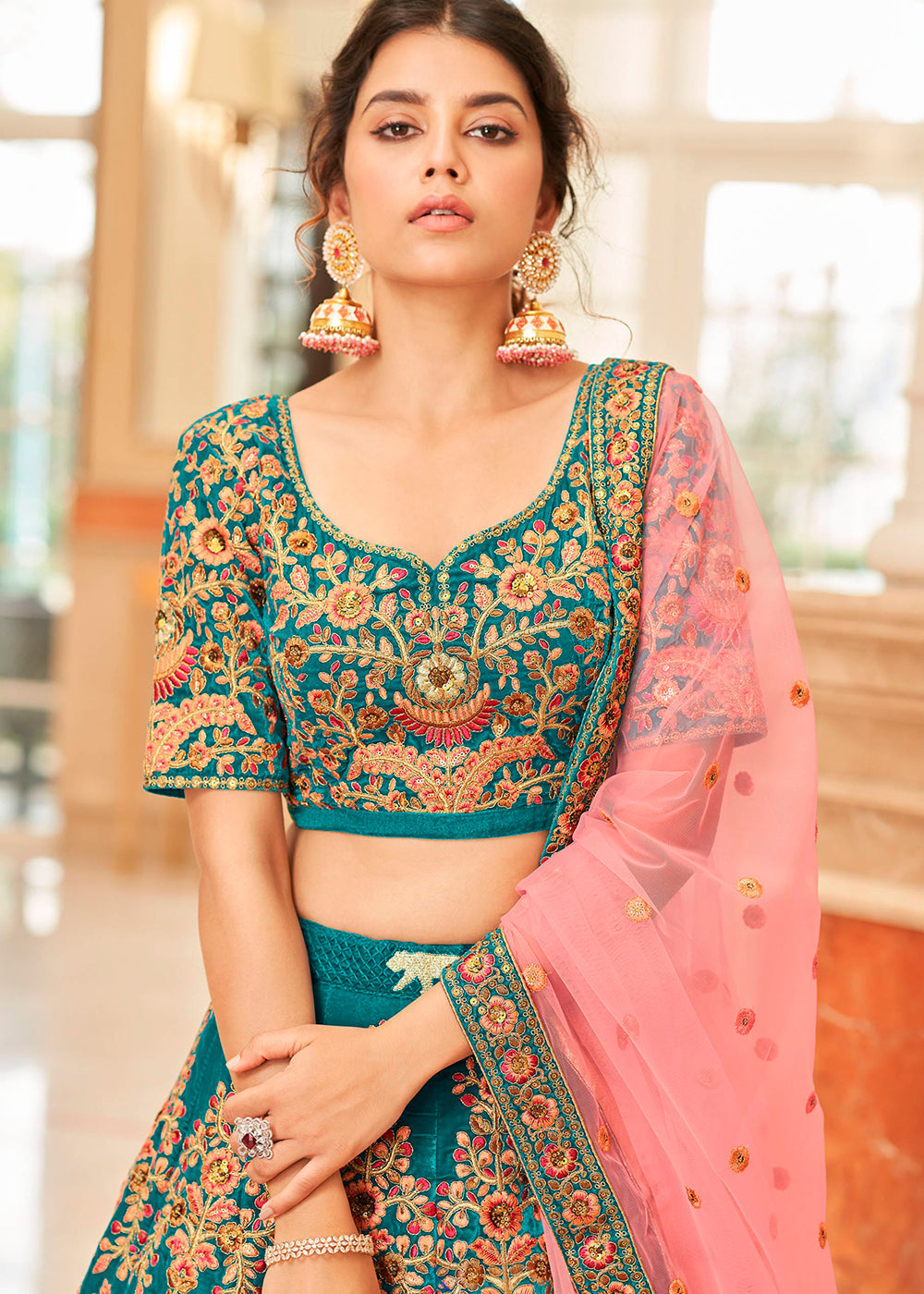 Teal Blue Velvet Lehenga Choli with Thread, Zari,Dori & Sequins work | Ready To Wear - qivii