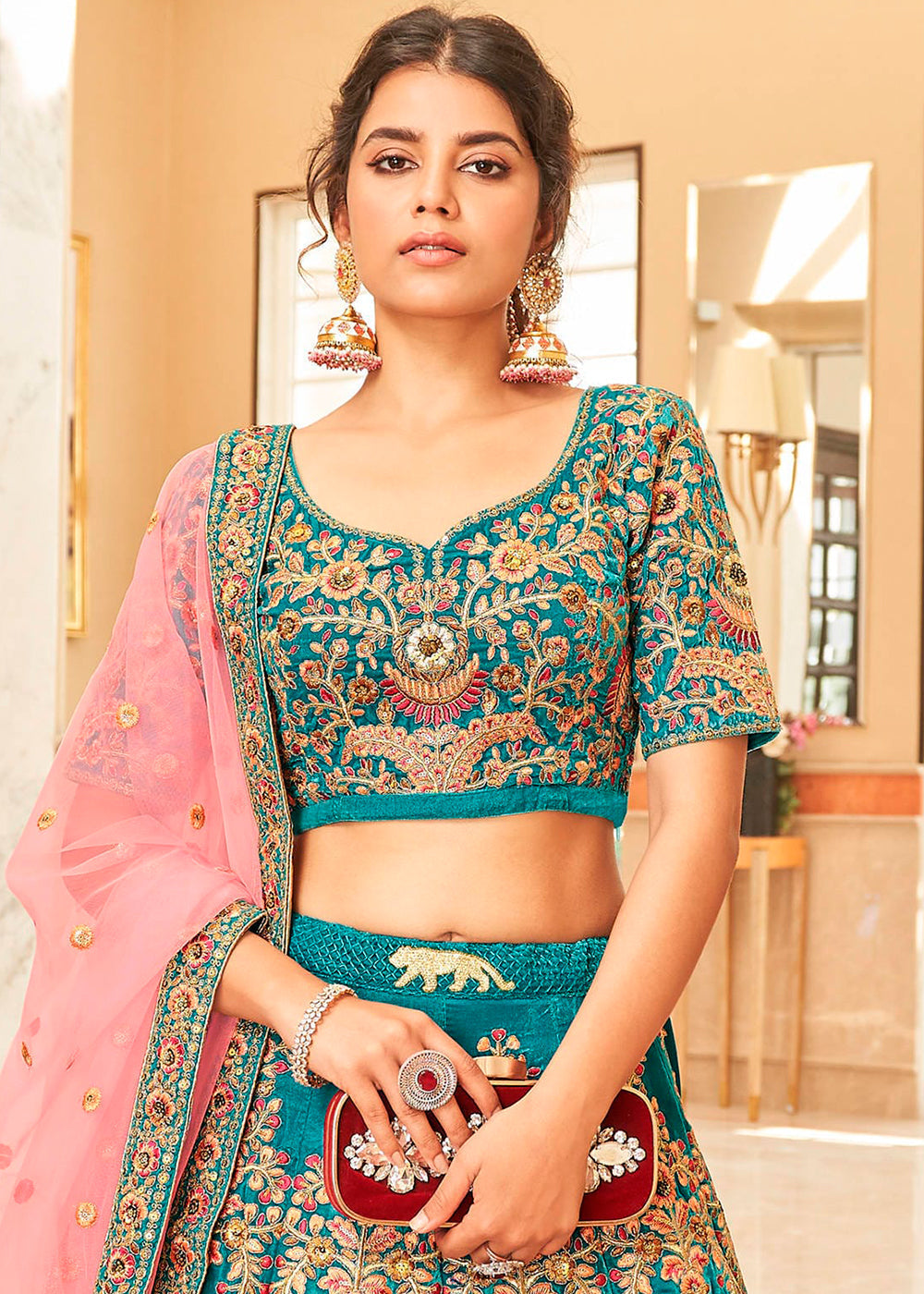 Teal Blue Velvet Lehenga Choli with Thread, Zari,Dori & Sequins work | Ready To Wear - qivii