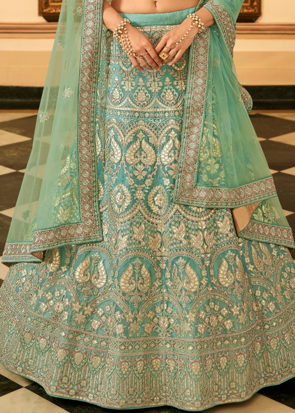 Turquoise Blue Organza Lehenga Choli with Zari, Dori, Resham, Gota & Zarkan work | Ready To Wear - qivii