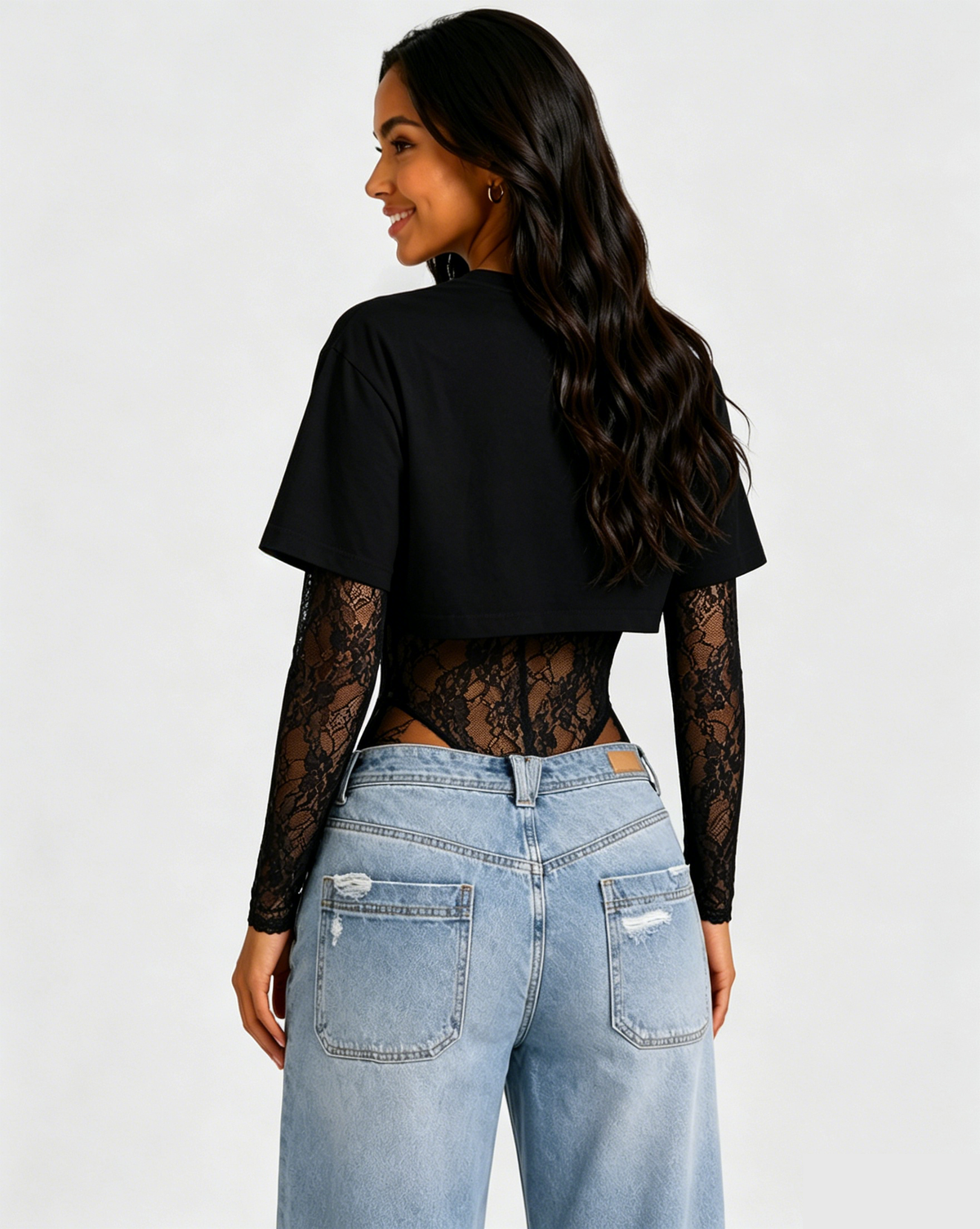 Short Sleeve Crop Top Lace Bodysuit Two Piece Outfit