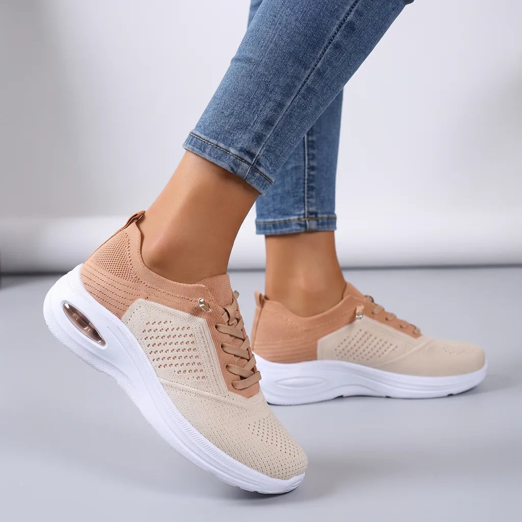 Beige women's orthopedic mesh sneakers by Qivii for women, featuring breathable mesh and supportive design from Hudson Ridge.