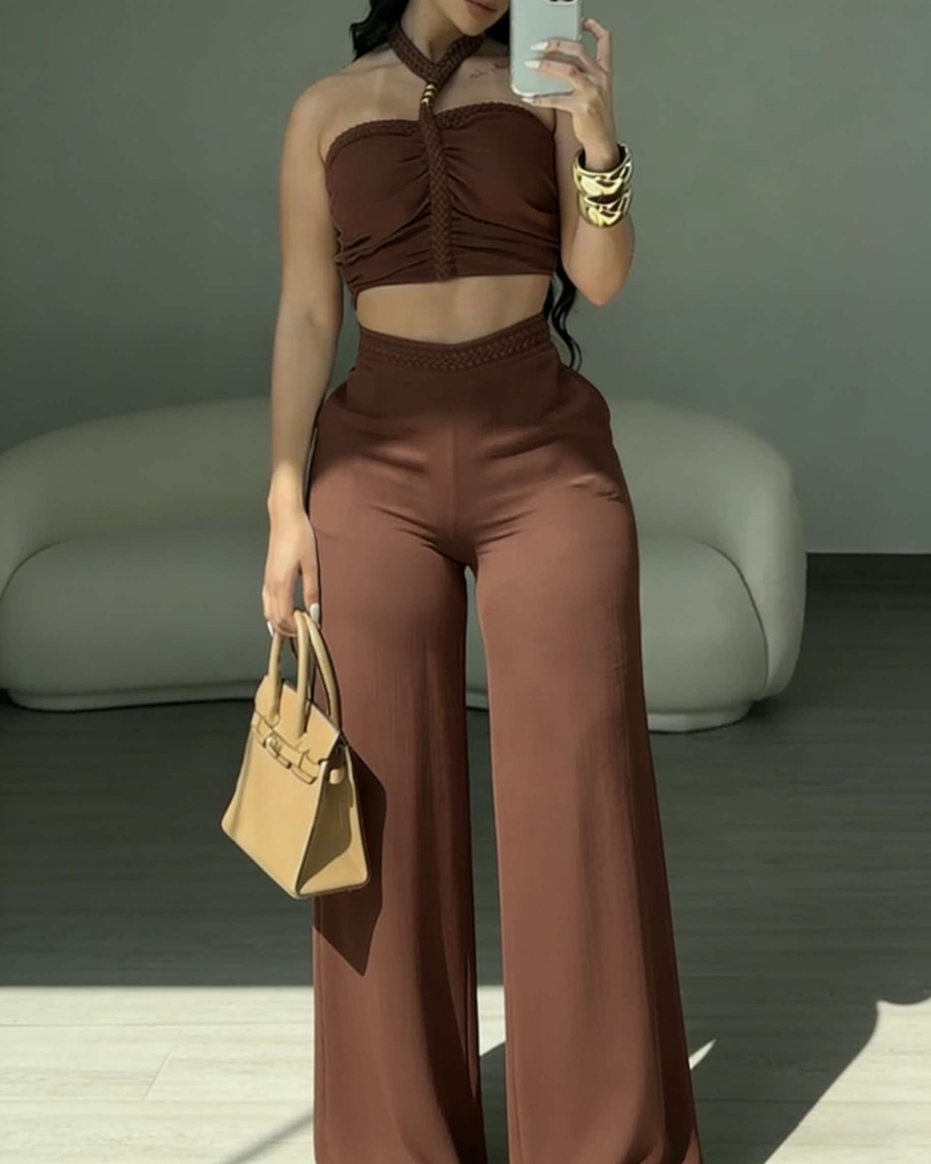 2 Piece Braided Trim Two Piece Outfit with Flared Trousers - By Qivii