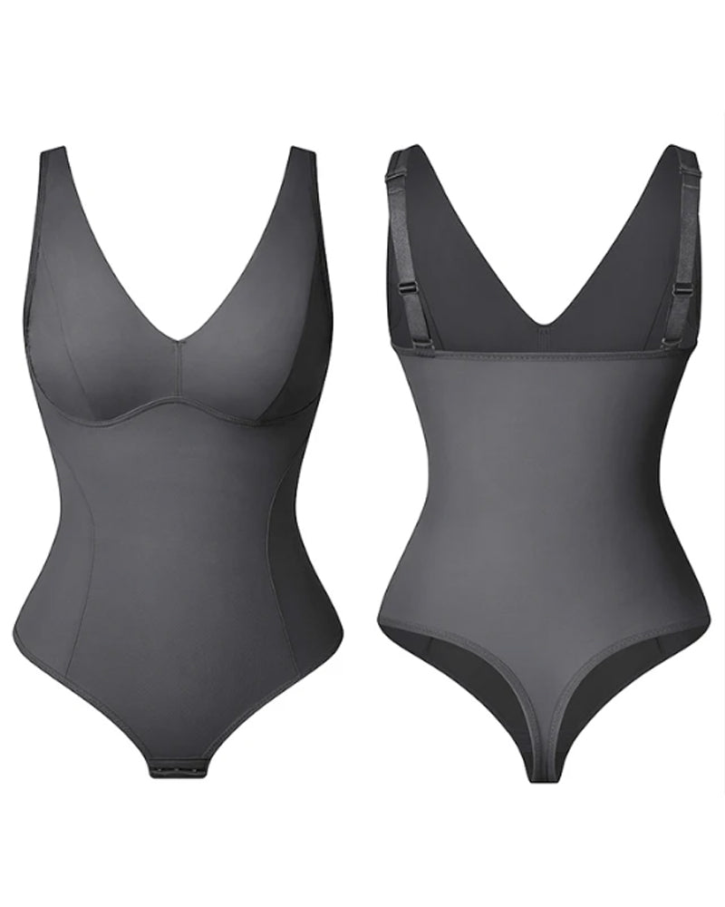 Tummy Control Slim Body Shaper Deep V-Neck Thong Bodysuits - By Qivii