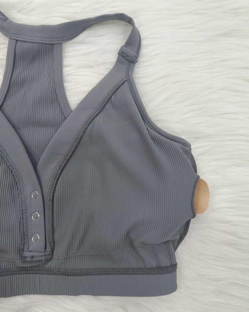 Halter Neck Deep V Knitted Breathable Bra With Front Buttons - By Qivii