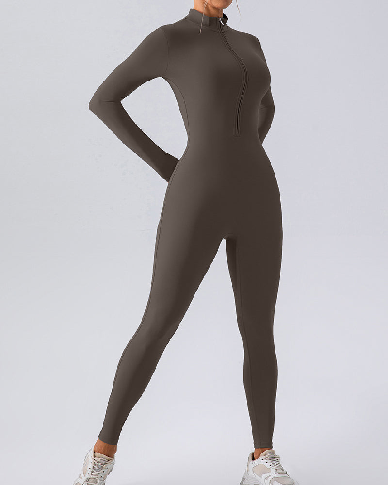 Zip Up Long Sleeve Fleece Skinny Jumpsuit Winter Thermal One-piece Fitness Bodysuit - By Qivii