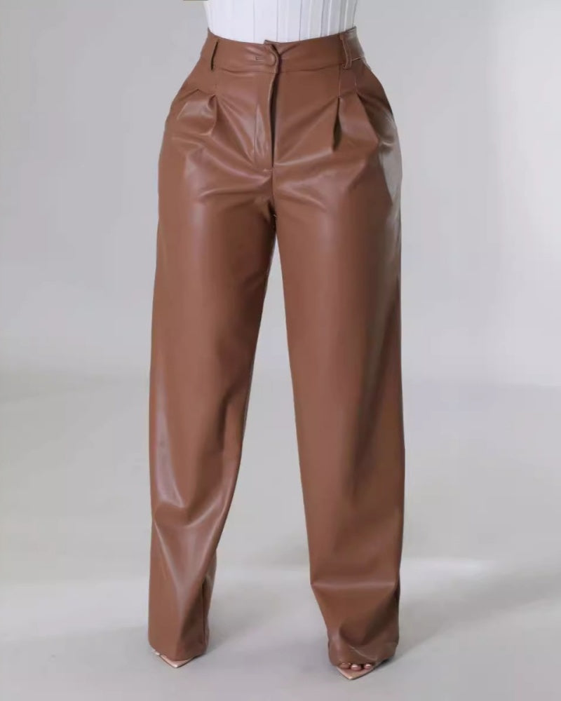 PU Leather Loose Wide-leg Pocket Casual Leather Pants - By Qivii