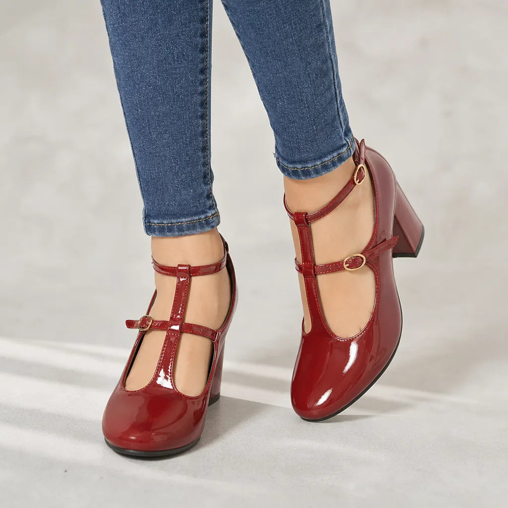 Faraday women's orthopedic ankle-strap Mary Jane heels by Hudson Ridge, burgundy leather footwear with supportive design