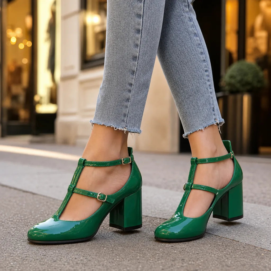 Green Faraday women's orthopedic ankle-strap Mary Jane heels by Hudson Ridge, stylish and supportive footwear for women.