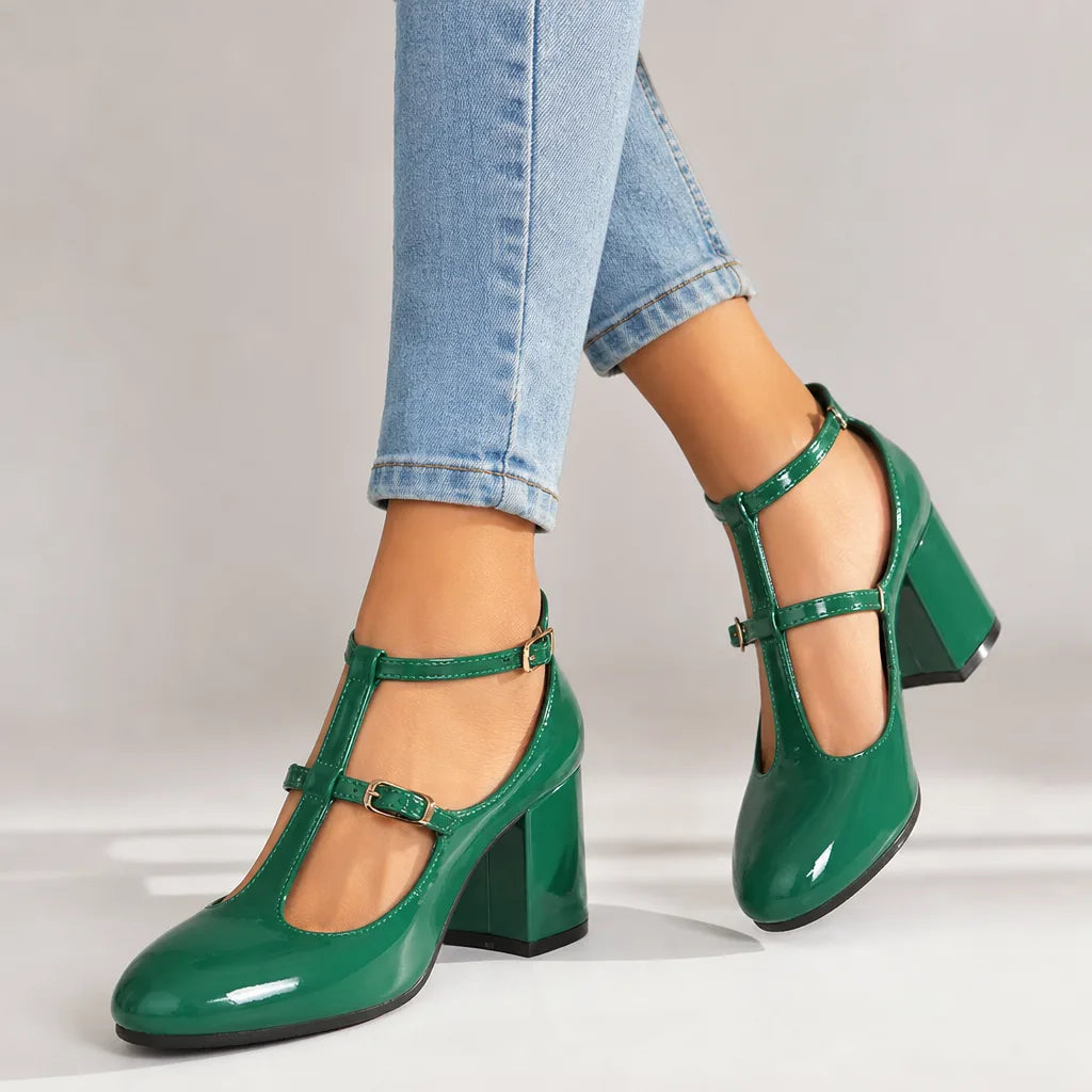 Green women's orthopedic ankle-strap Mary Jane heels by Hudson Ridge, featuring supportive design and stylish footwear for women.
