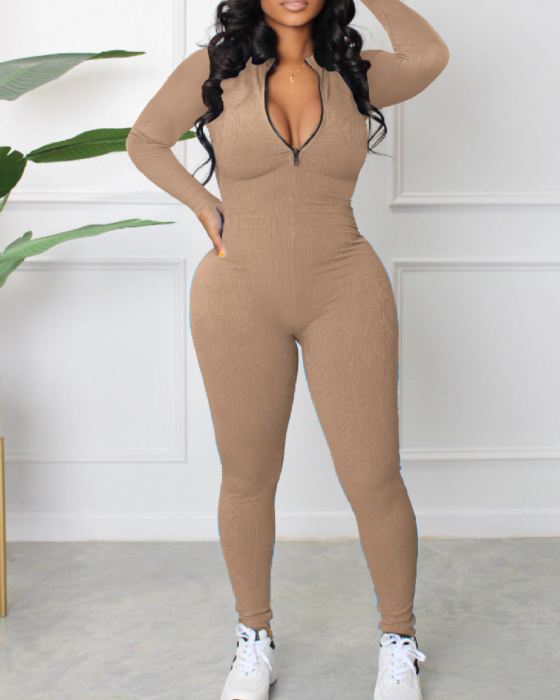 Women's Sexy Ribbed Long Sleeve Zipper Jumpsuits Casual Solid Bodycon Rompers - By Qivii