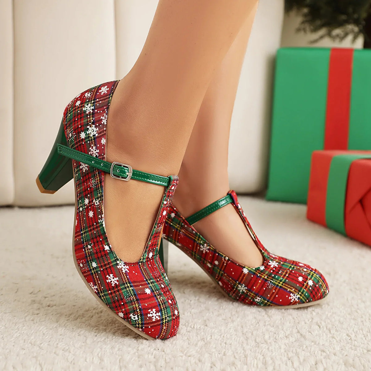 Red Felicity women's festive Mary Jane Christmas heels by Hudson Ridge, stylish footwear with a classic strap and festive design.