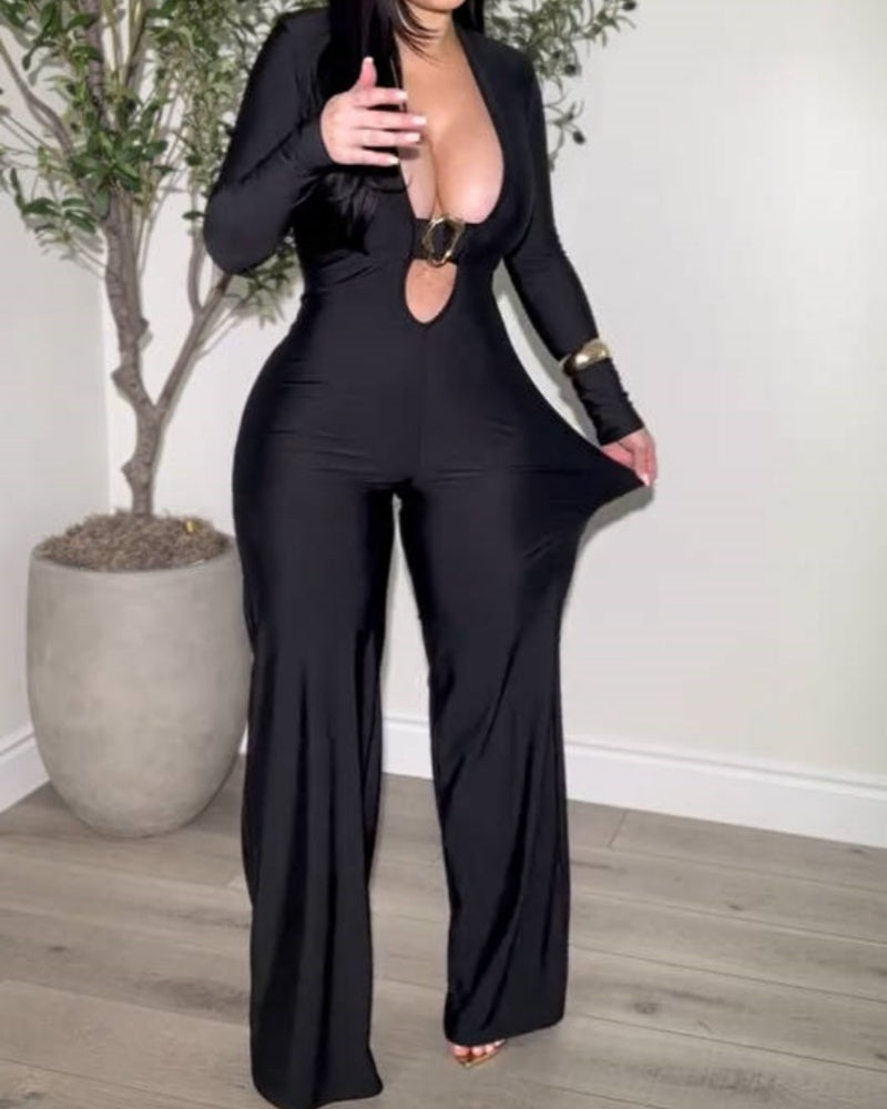 Women's Long Sleeve Plunge Neck Cut out Flared Jumpsuit - By Qivii