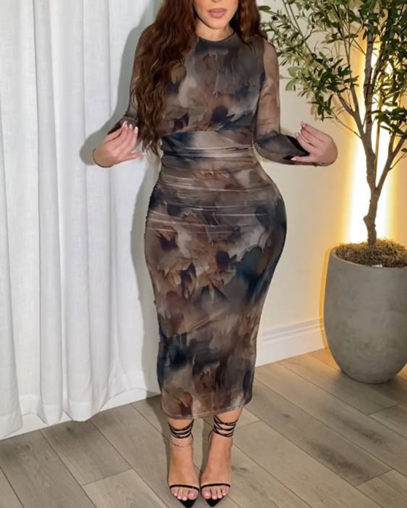 Tie Dye Mesh Long Sleeve Bodycon Midi Dress - By Qivii