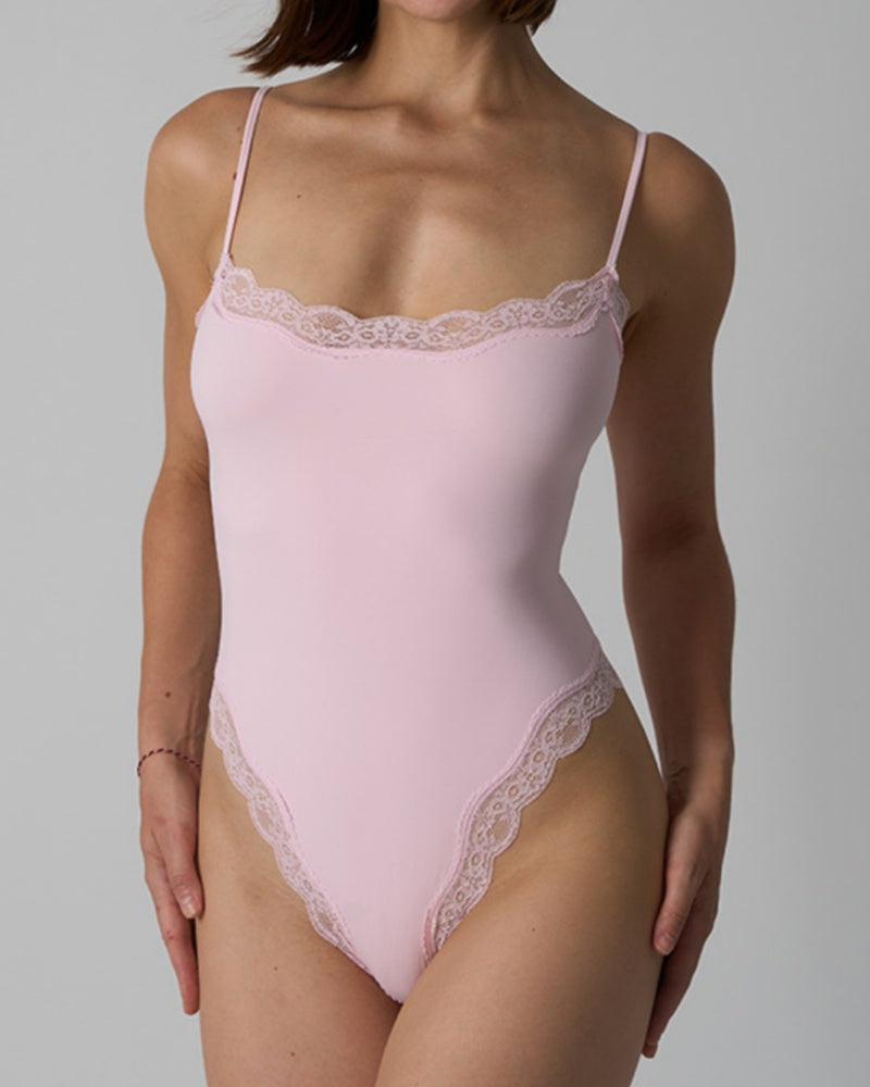 Spaghetti Strap Triangle Shapewear Bodysuit with Lace Trim