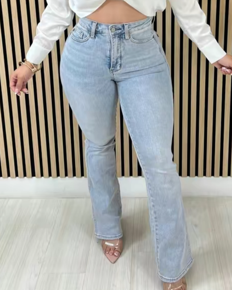 Stylish Washed High Rise Tummy Control Flared Jeans - By Qivii