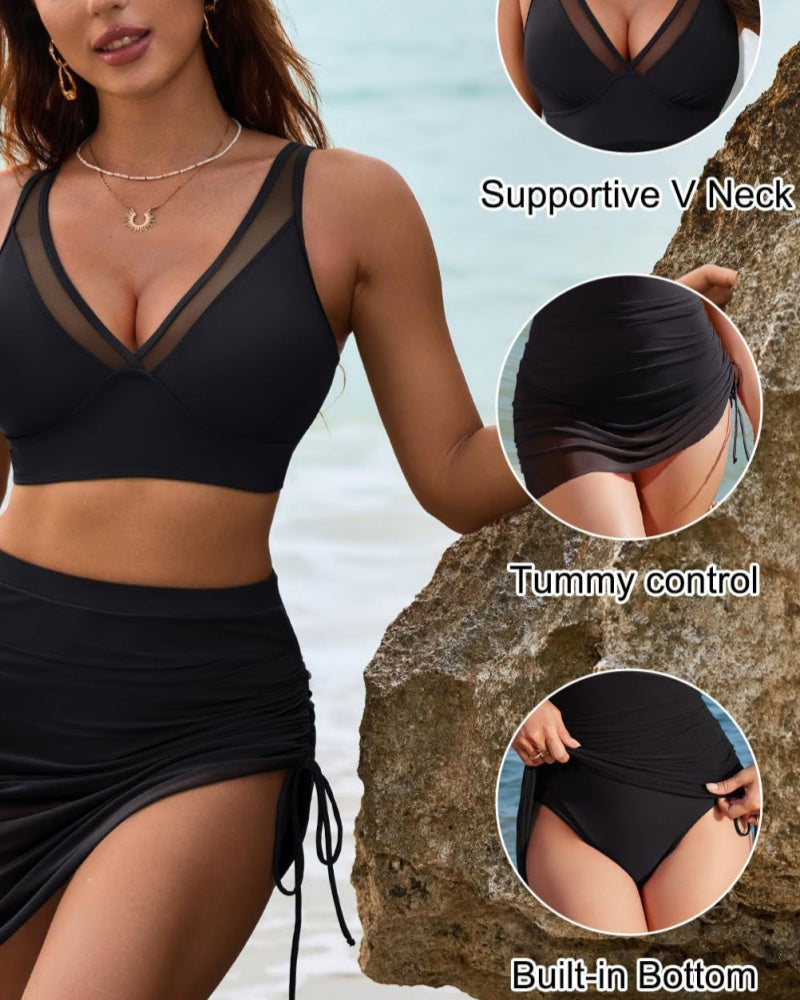 Sexy Deep V Mesh Shapewear Swimsuit Set with Side Drawstring - By Qivii