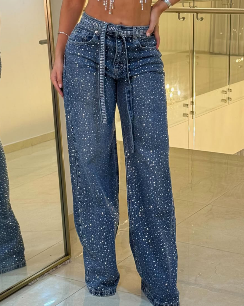 Fashionable Washed Mid Waist Diamond Studded Straight Leg Jeans - By Qivii