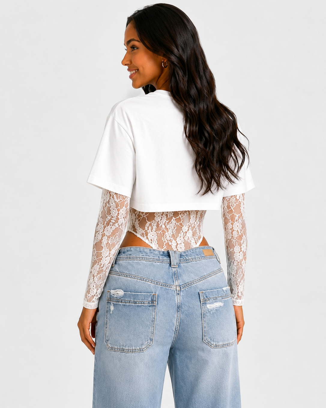 Short Sleeve Crop Top Lace Bodysuit Two Piece Outfit