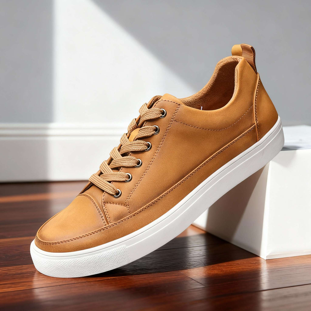 Men's dark brown leather sneakers by Qivii, styled on a hardwood floor, showcasing casual men's footwear from Hudson Ridge.