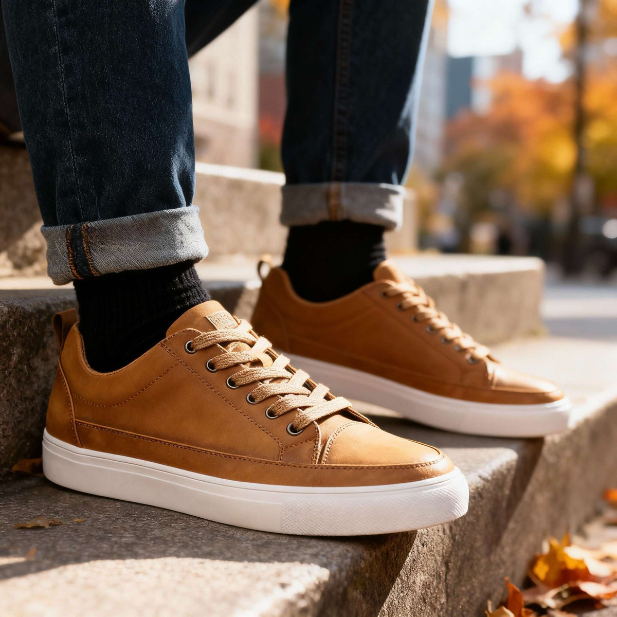 Close-up of Charles Ray men's leather sneakers by Hudson Ridge, showing detailed brown leather and sleek design.