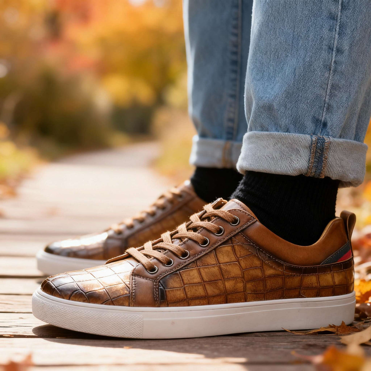 Realistic photo of men's leather sneakers by Hudson Ridge, worn on feet, showcasing stylish men's footwear from Qivii.