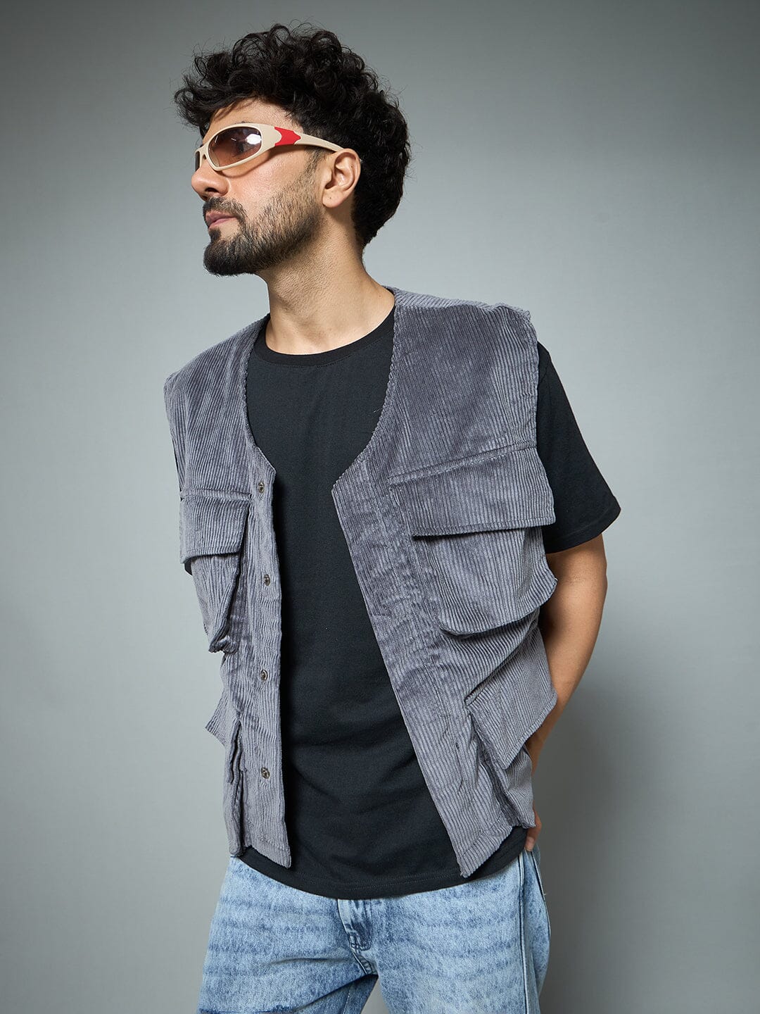 Grey Corduroy Sleeveless Gilet