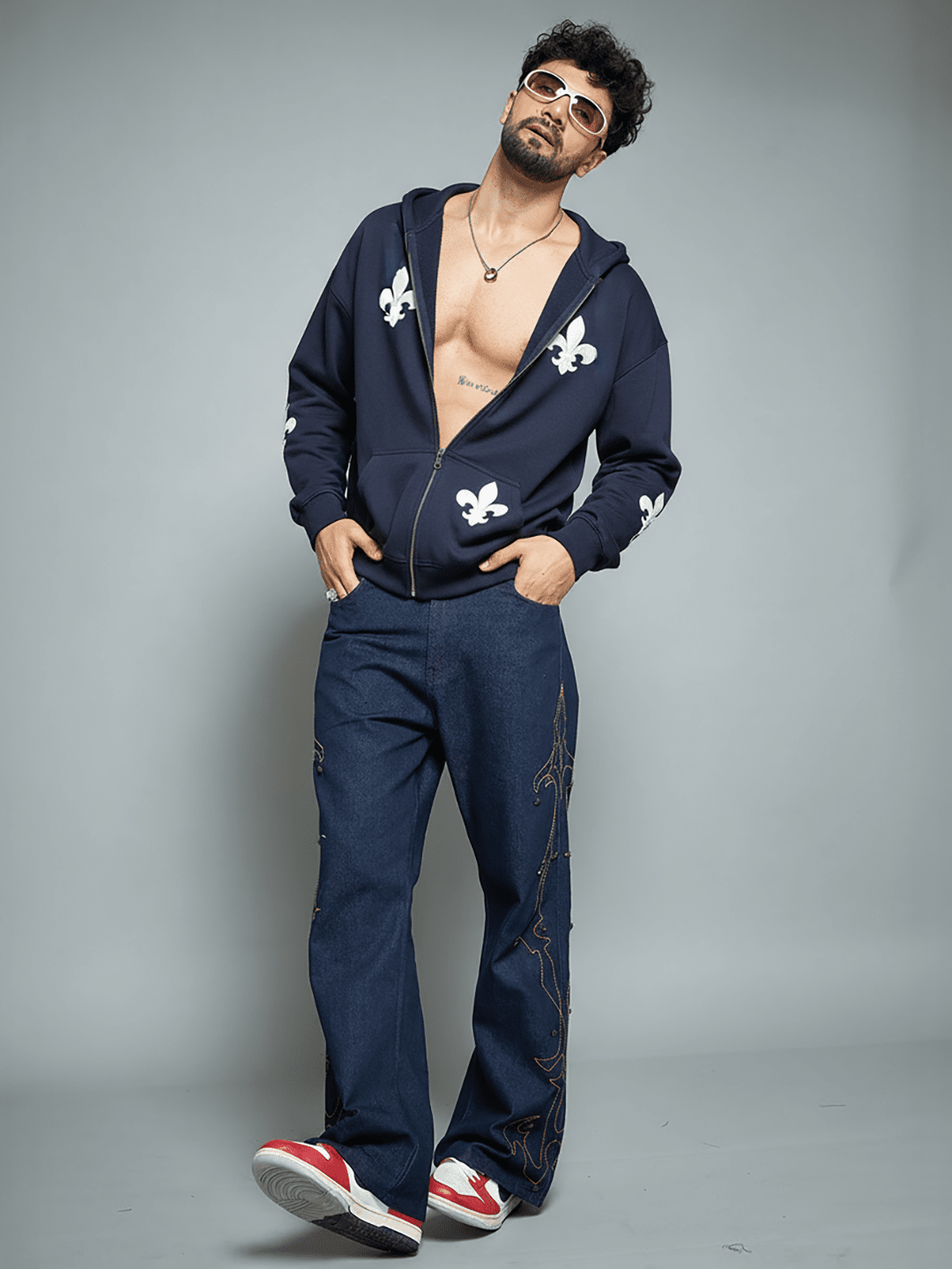 Navy Applique Zipped Hoodie