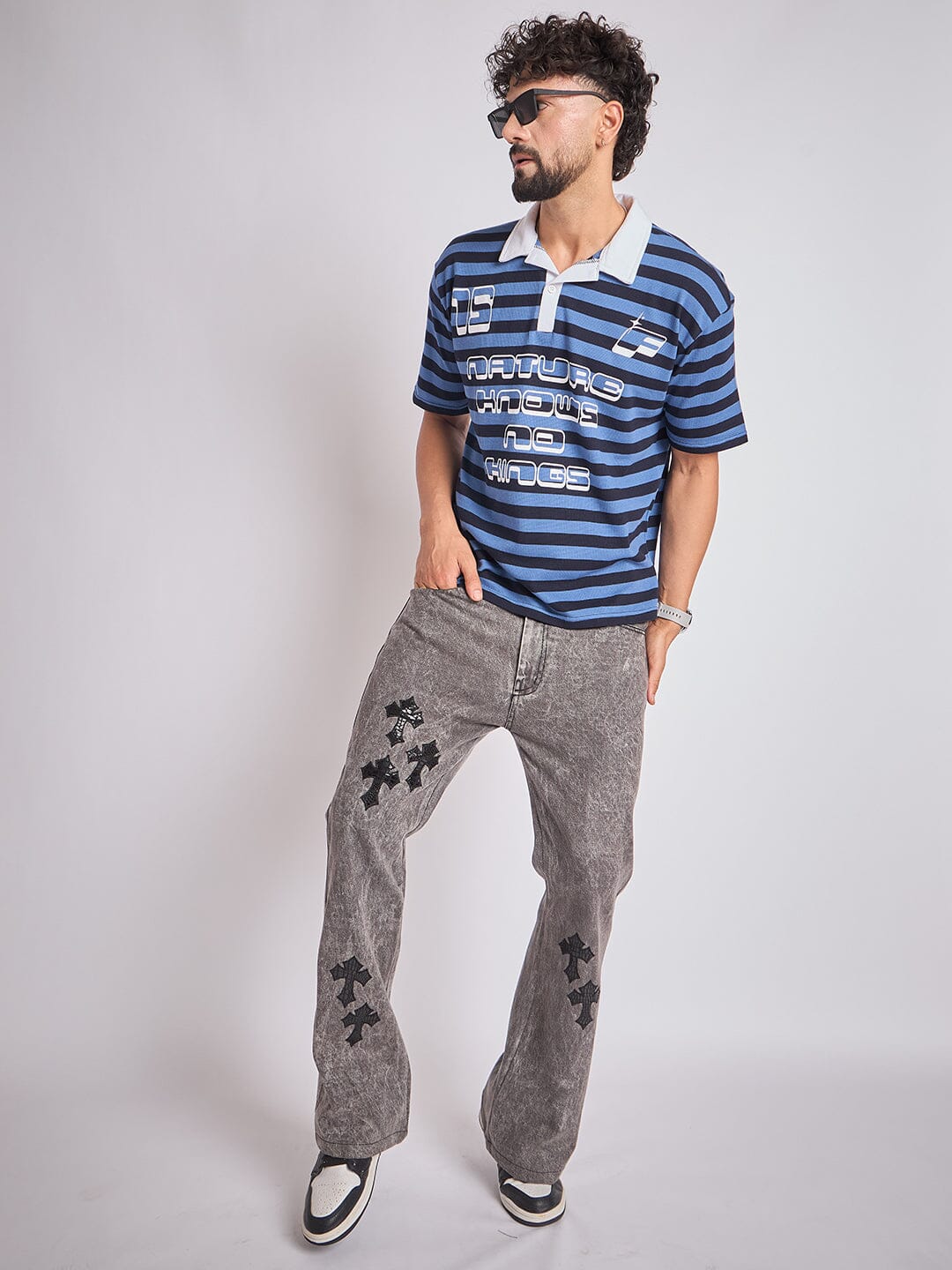 Navy Striped Graphic Polo Tshirt