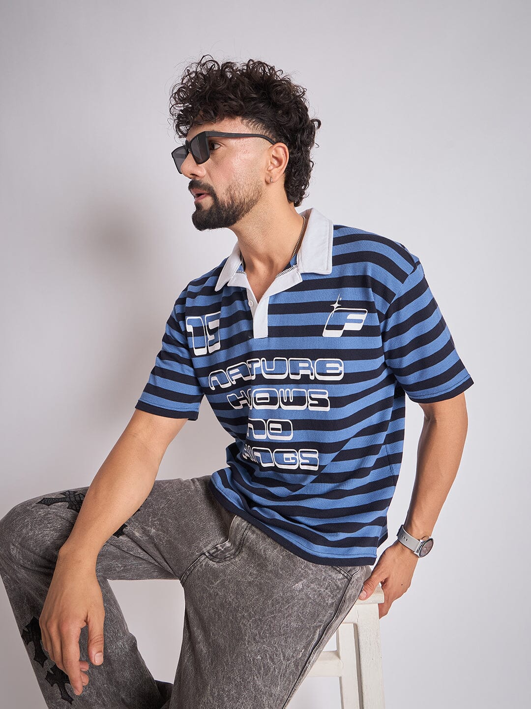 Navy Striped Graphic Polo Tshirt