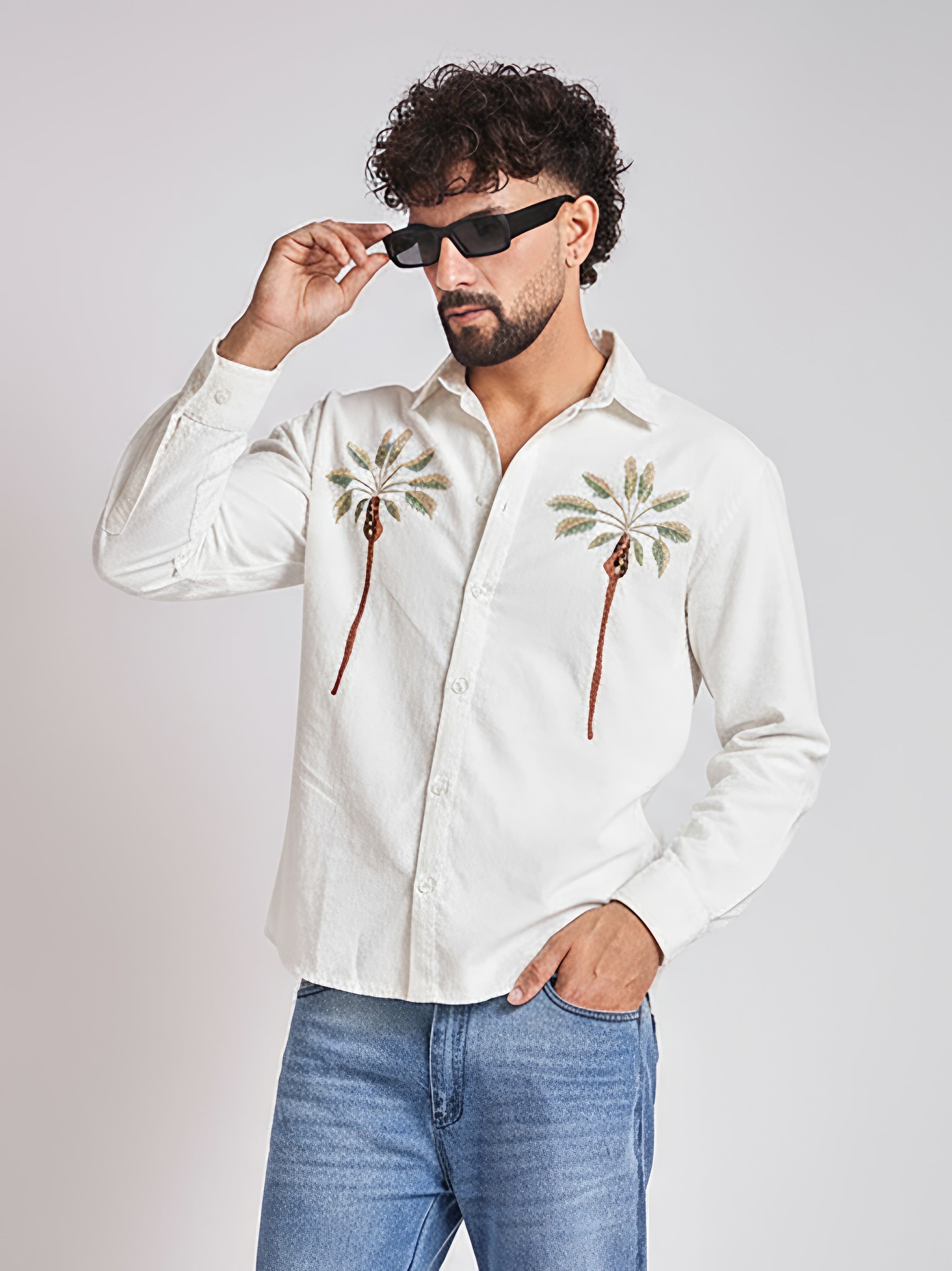White Palm Embroidery Corduroy Shirt