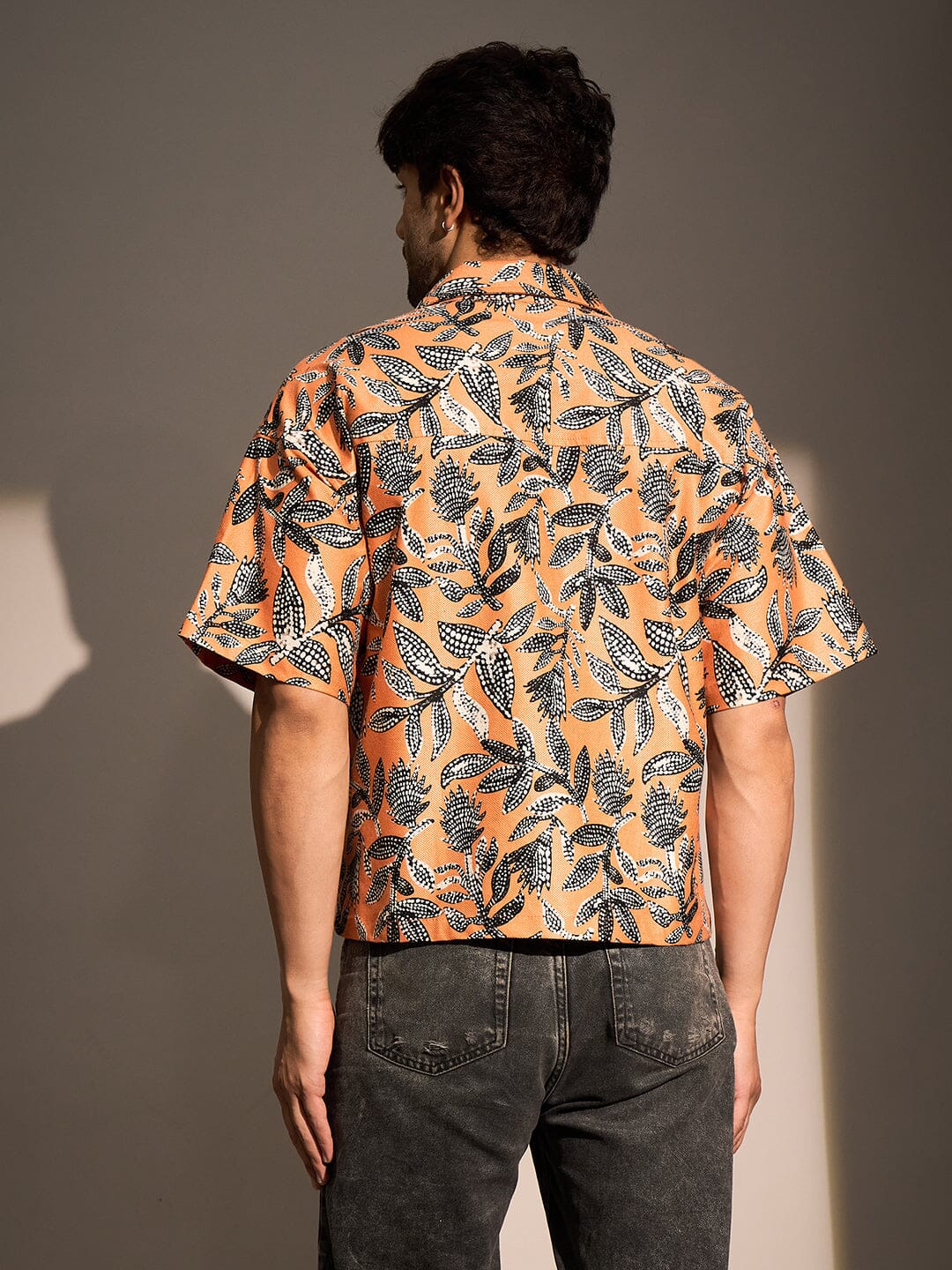 Orange Floral Print Cropped Shirt