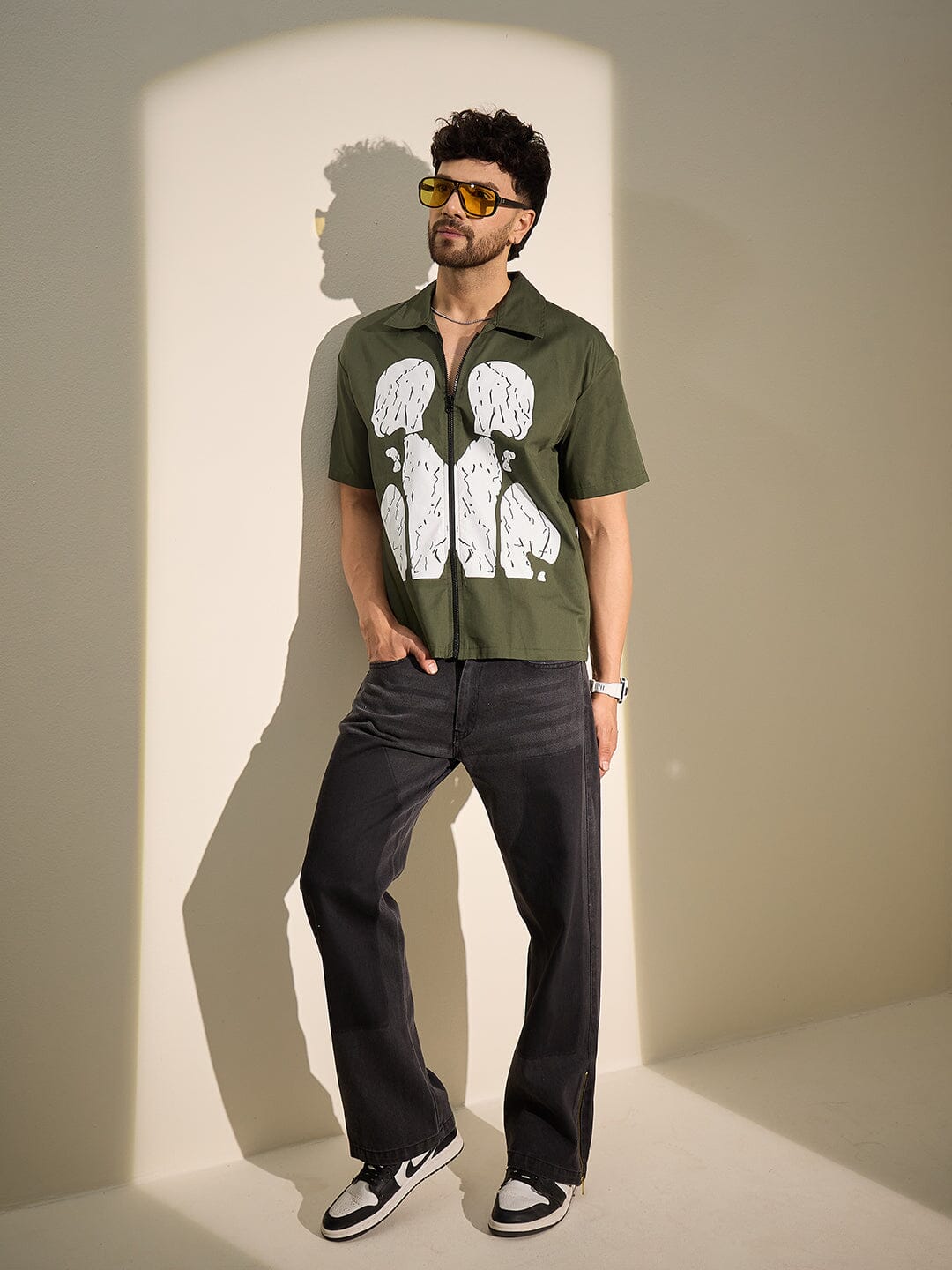 Olive Cracked Body Graphic Zipped Shirt